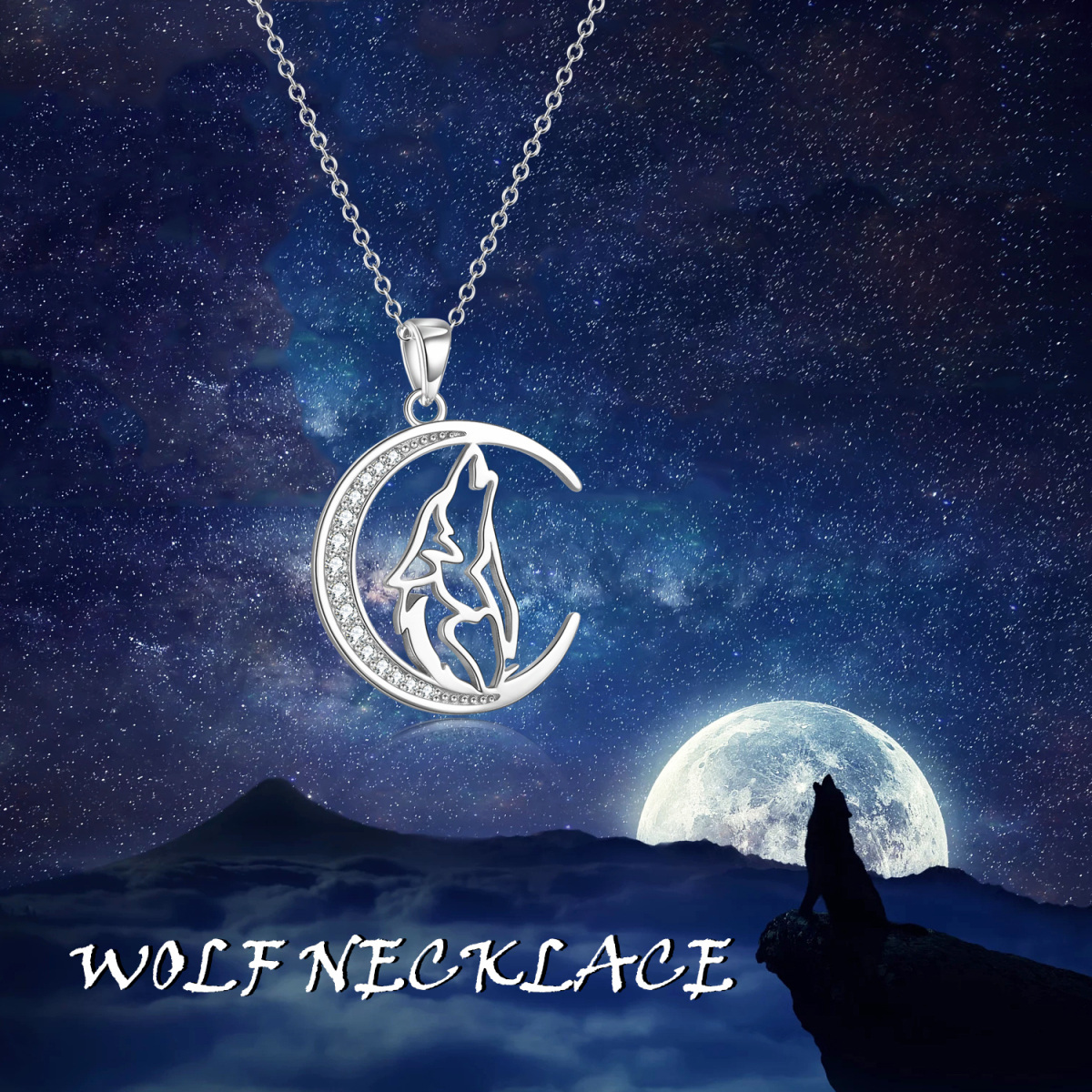 Sterling Silver Circular Cubic Zirconia Wolf & Moon Pendant Necklace-6