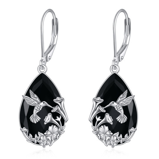 Sterling Silver Tourmaline Hummingbird & Leaves & Drop Shape Lever-back Earrings