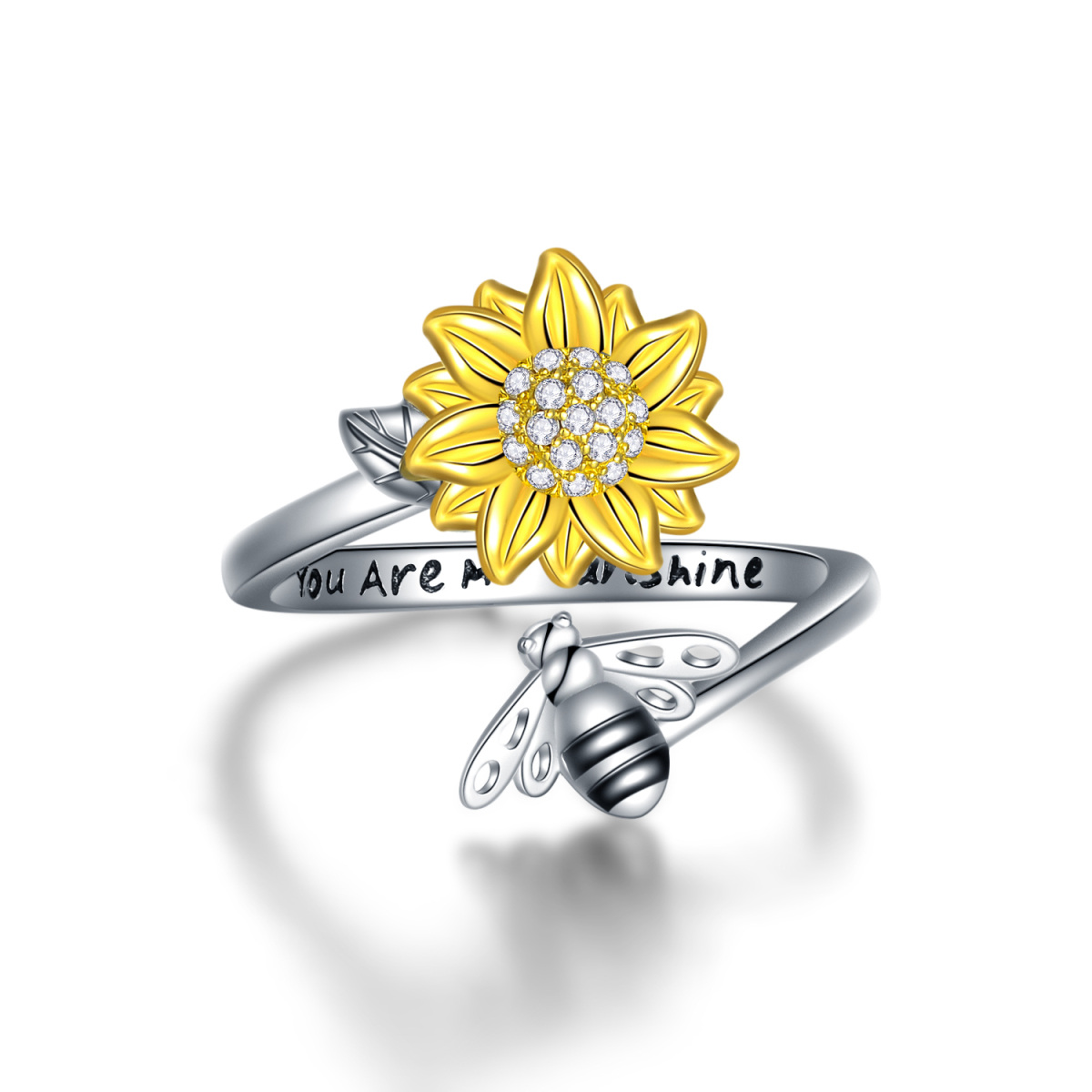 Anillo abierto de plata de ley con circonita cúbica en dos tonos y diseño de abeja y girasol-1