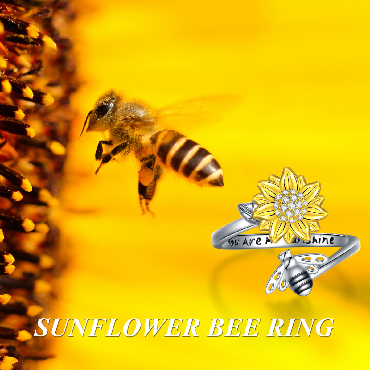 Sterling Silver Two-tone Cubic Zirconia Bee & Sunflower Open Ring-6