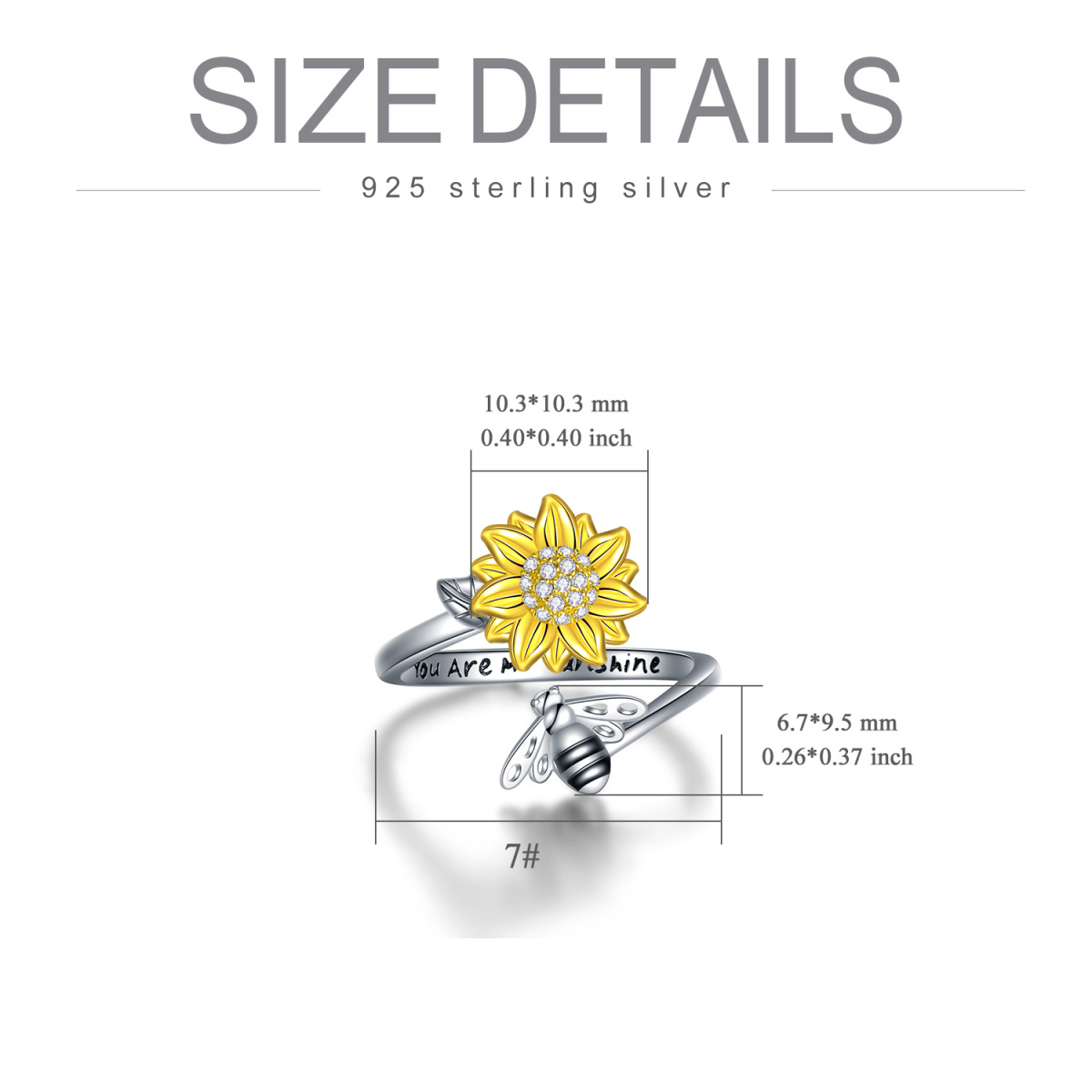 Sterling Silver Two-tone Cubic Zirconia Bee & Sunflower Open Ring-5