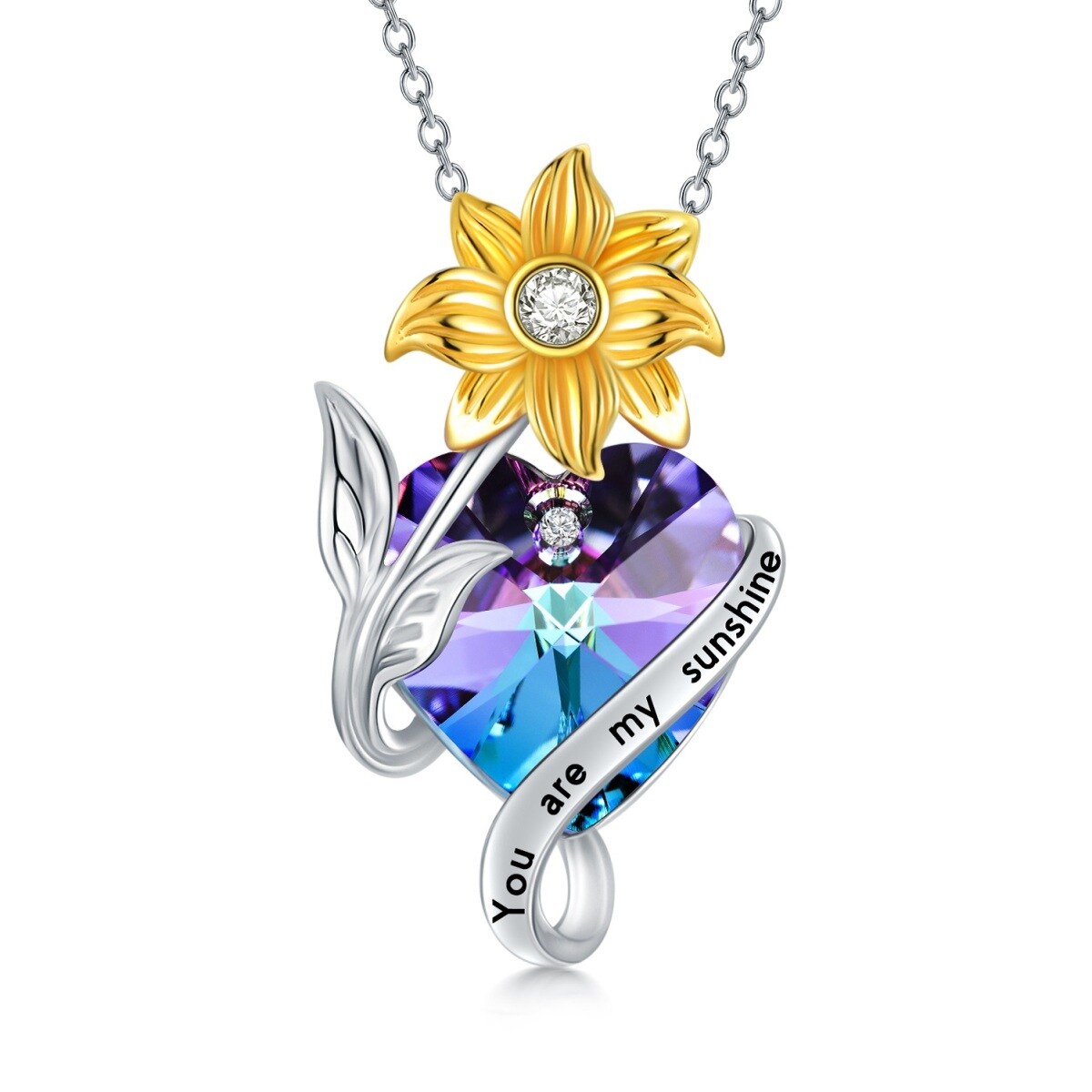 Sterling Silver Two-tone Sunflower & Heart Crystal Pendant Necklace with Engraved Word-1