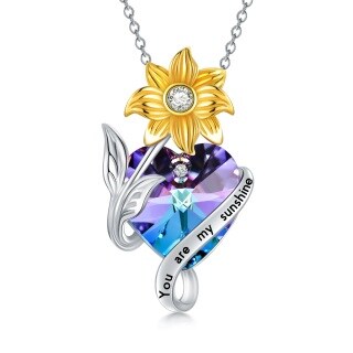 Sterling Silver Two-tone Sunflower & Heart Crystal Pendant Necklace with Engraved Word-57