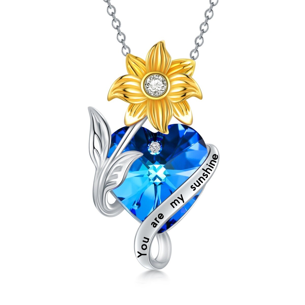 Sterling Silver Two-tone Sunflower & Heart Crystal Pendant Necklace with Engraved Word-3