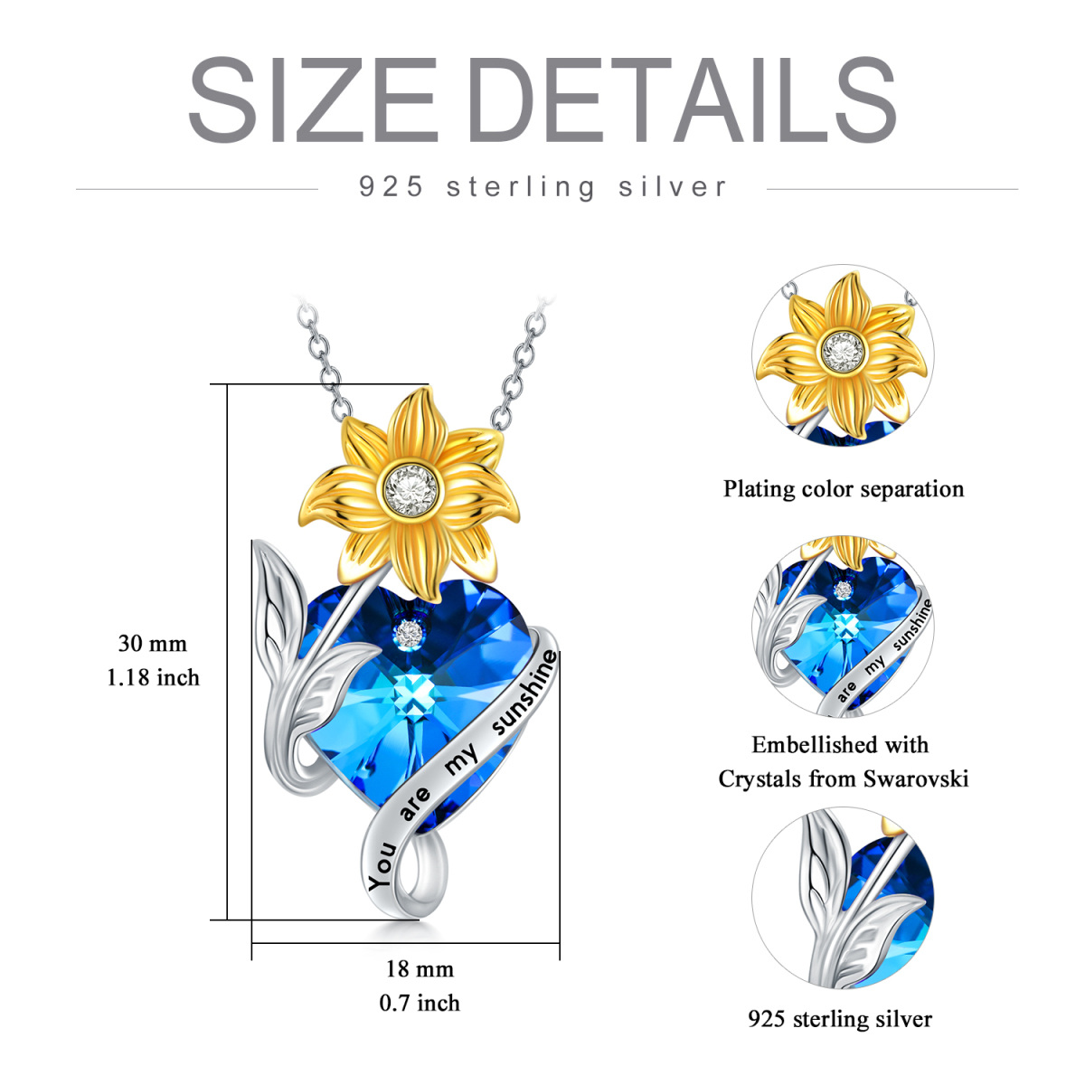 Sterling Silver Two-tone Sunflower & Heart Crystal Pendant Necklace with Engraved Word-6