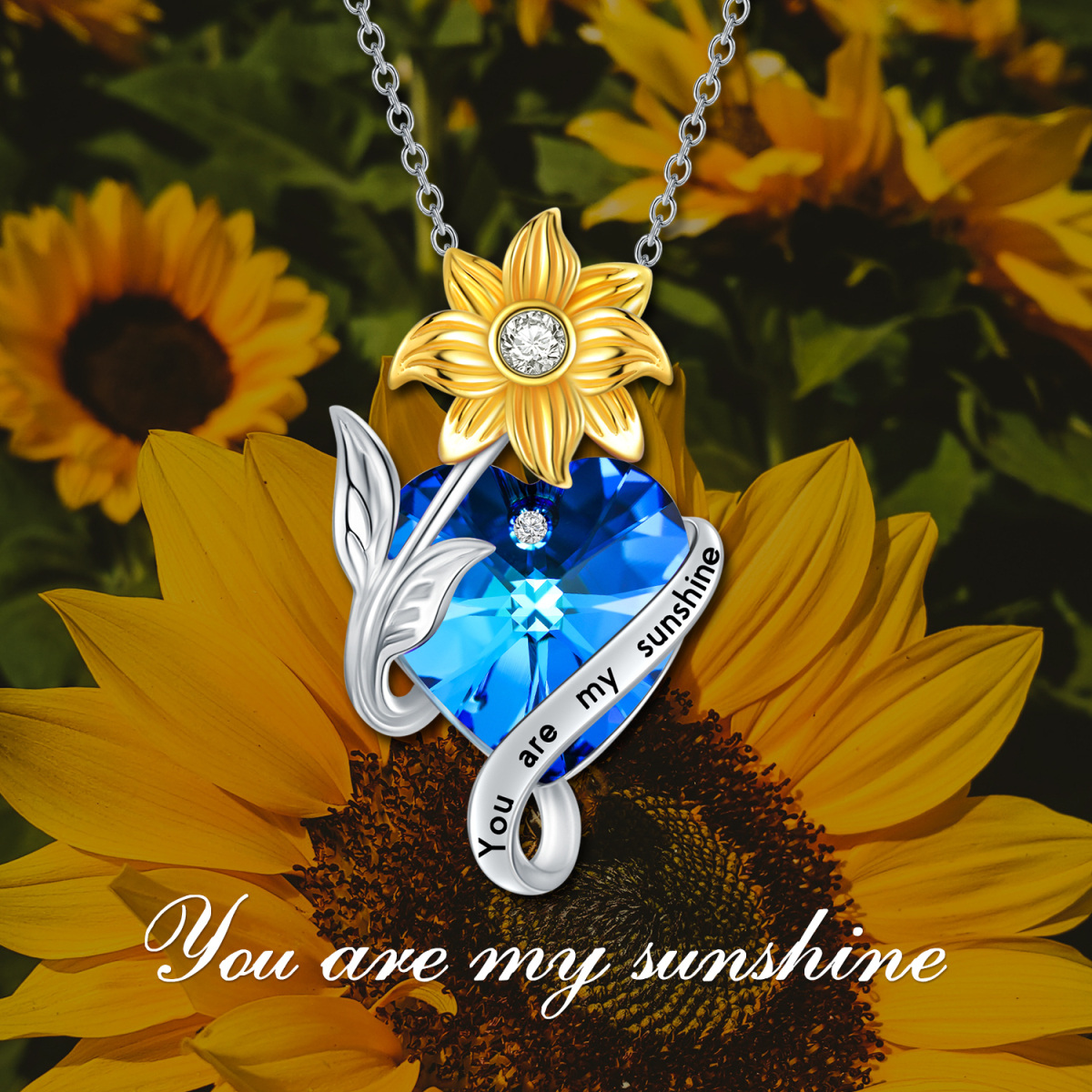 Sterling Silver Two-tone Sunflower & Heart Crystal Pendant Necklace with Engraved Word-7