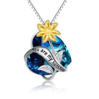 Sterling Silver Two-tone Sunflower & Heart Crystal Pendant Necklace with Engraved Word-50