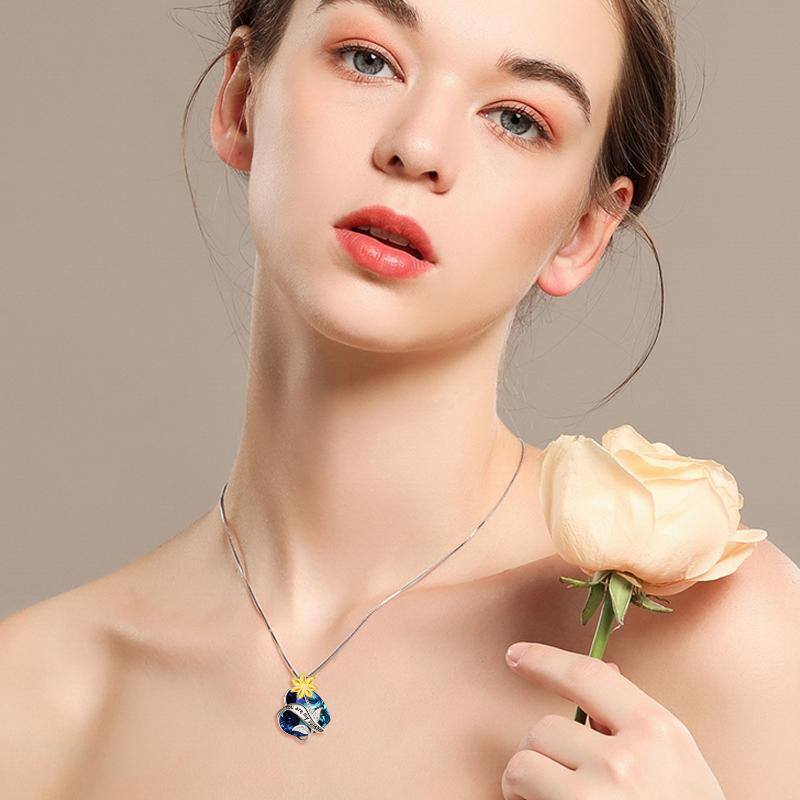 Collar con colgante de corazón de girasol de dos tonos y cristal en plata de ley con palabra grabada-2