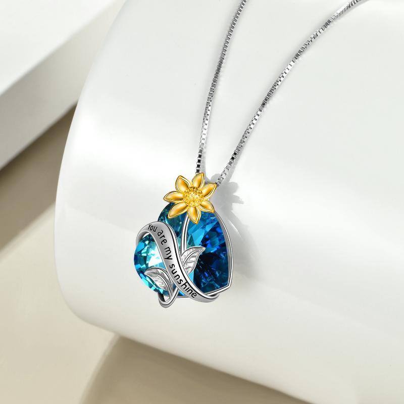 Sterling Silver Two-tone Sunflower & Heart Crystal Pendant Necklace with Engraved Word-3