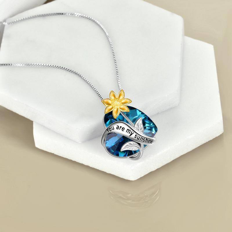 Collar con colgante de corazón de girasol de dos tonos y cristal en plata de ley con palabra grabada-4
