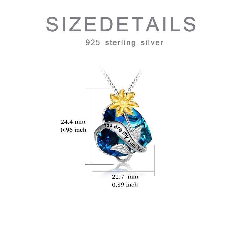 Collar con colgante de corazón de girasol de dos tonos y cristal en plata de ley con palabra grabada-5