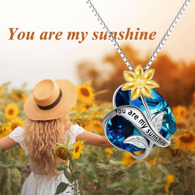 Sterling Silver Two-tone Sunflower & Heart Crystal Pendant Necklace with Engraved Word-6